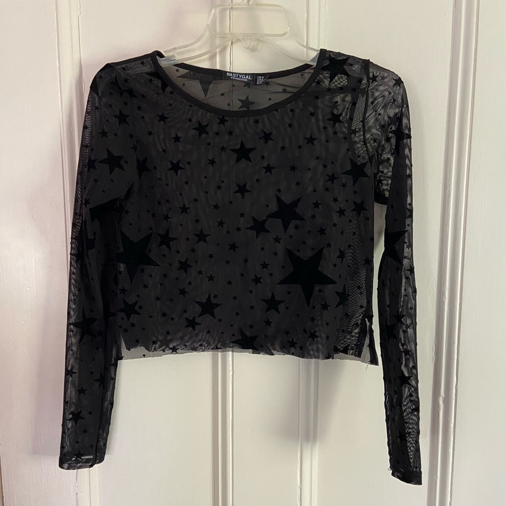Nasty Gal sheer black mesh stars long sleeve top